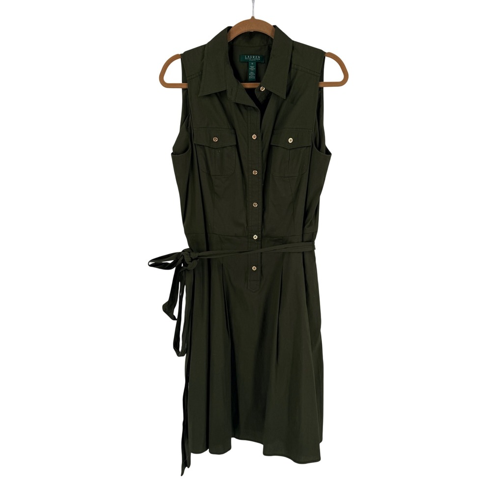 Lauren Ralph Lauren Shirt Dress Army Green 14 Sleeveless Belted Utility Safari